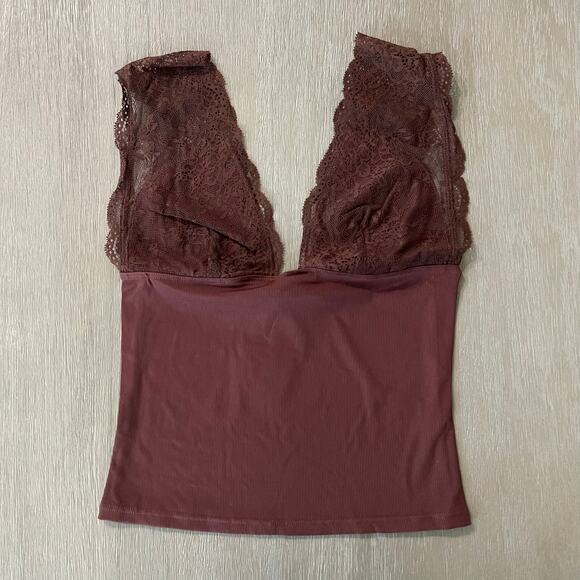 Intimately Free People Power Play Cami Ribbed Stretch Lace Top Plunge Neck Sz S - Picture 3 of 11